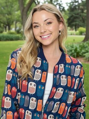 NWT Womens Navy Owl Print Bomber Jacket - Cute Multicolor Design